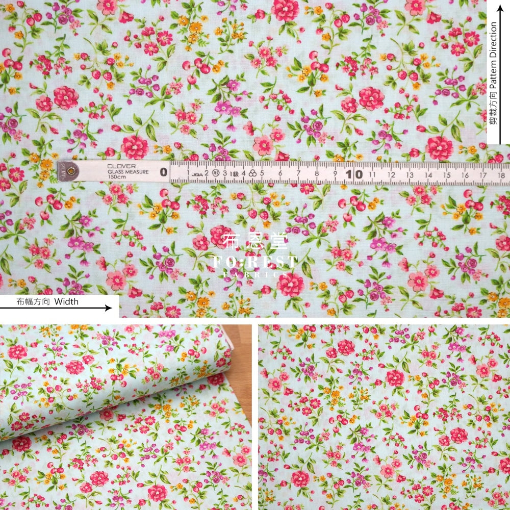 (1Meter) Cotton - Strawberry Flower Fabric Lt.green Cotton