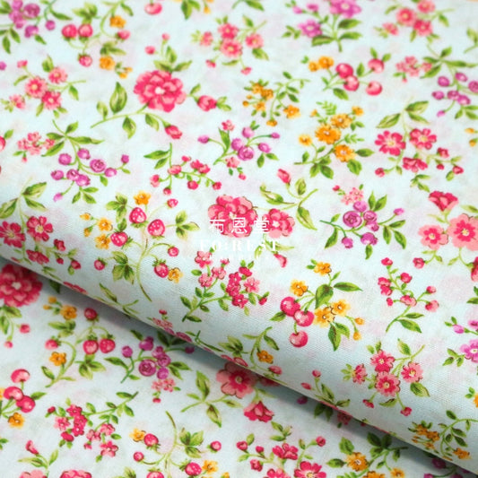 (1Meter) Cotton - Strawberry Flower Fabric Lt.green Cotton