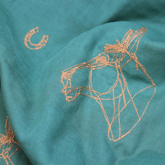 Embroidery Double Gauze - HAyU HORSE Fabric Green - forestfabric 布恩堂