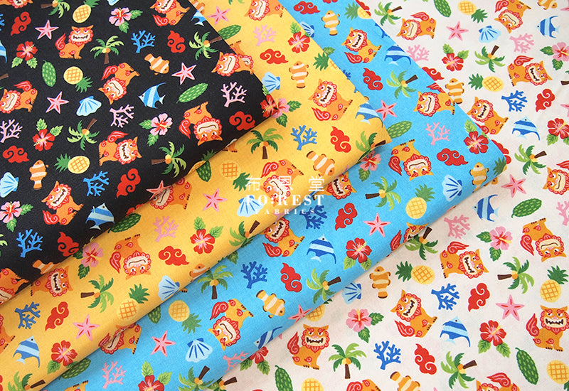 cotton - okinawa Shisa fabric - forest-fabric