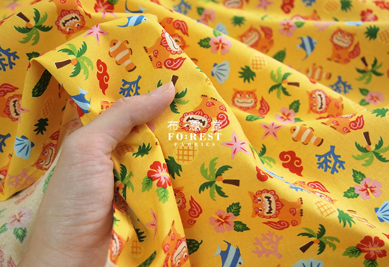 cotton - okinawa Shisa fabric - forest-fabric