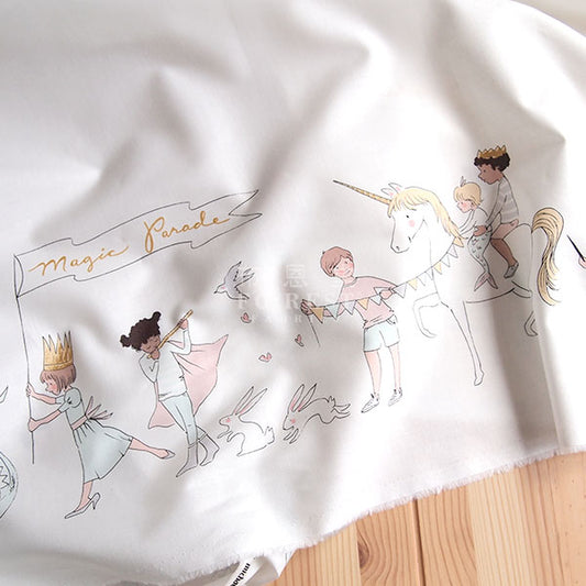 cotton - MAGICAL PARADE  (double border) fabric - white - forest-fabric