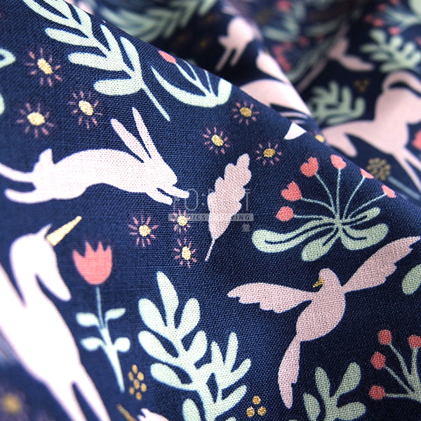 cotton - magic folk fabric - navy - forest-fabric