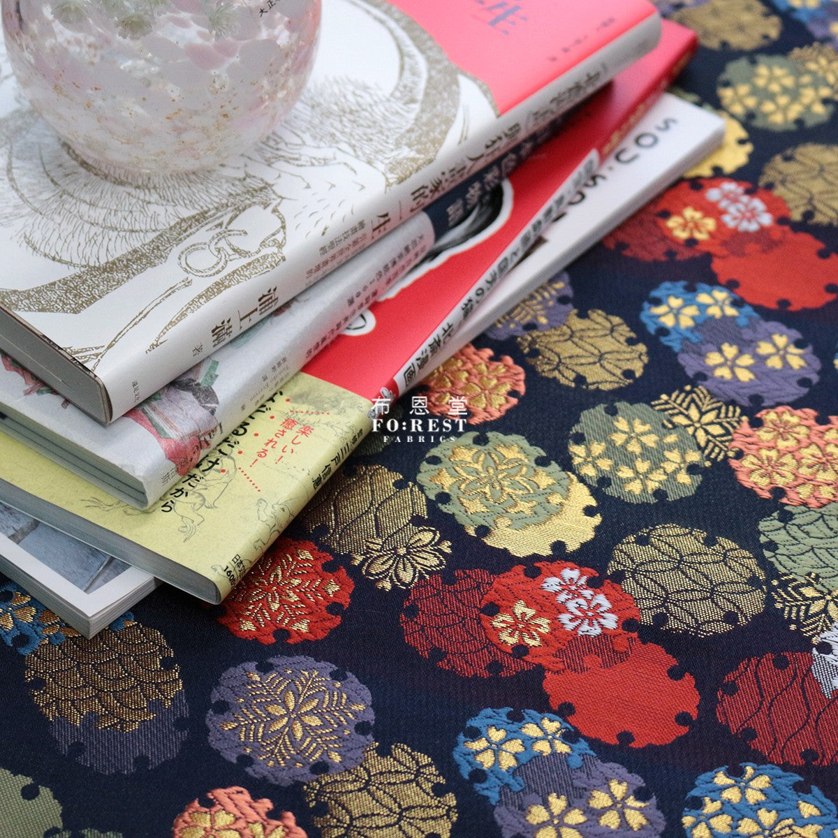 Gold Brocade - Yukiwa 雪輪 fabric NAVY - forestfabric 布恩堂