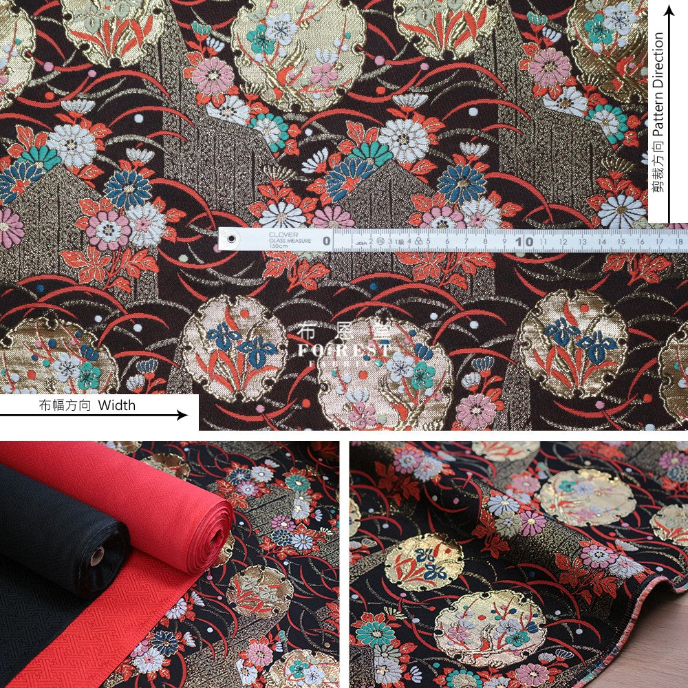 Gold Brocade - Autumn 秋雪輪 fabric BLACK - forestfabric 布恩堂