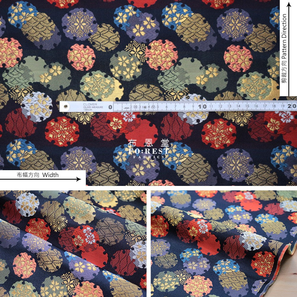 Gold Brocade - Yukiwa 雪輪 fabric NAVY - forestfabric 布恩堂