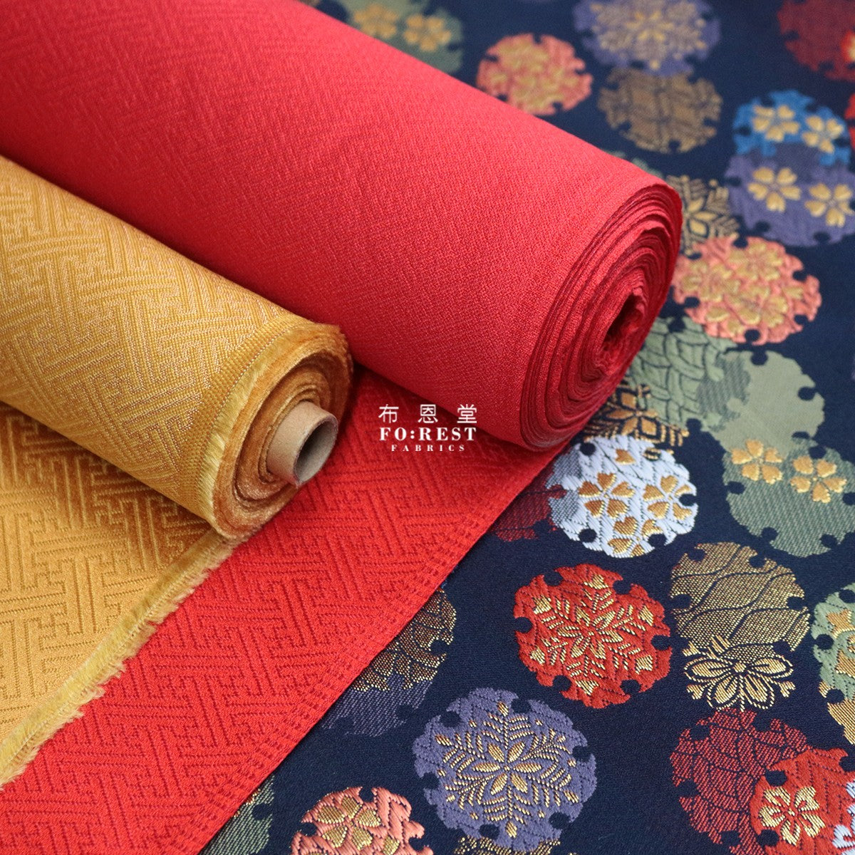 Gold Brocade - Yukiwa 雪輪 fabric NAVY - forestfabric 布恩堂