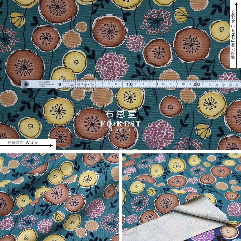 Canvas - Flower Leaf Fabric Turquoise - FO:REST Fabric 布恩堂Liberty fabrictana lawnjapanese fabricykk zipper