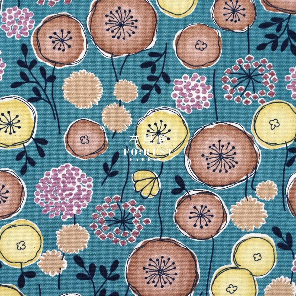 Canvas - Flower Leaf Fabric Turquoise - FO:REST Fabric 布恩堂Liberty fabrictana lawnjapanese fabricykk zipper