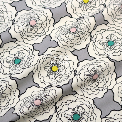 Canvas - Peony Flower Fabric Gray Cotton Linen Canvas