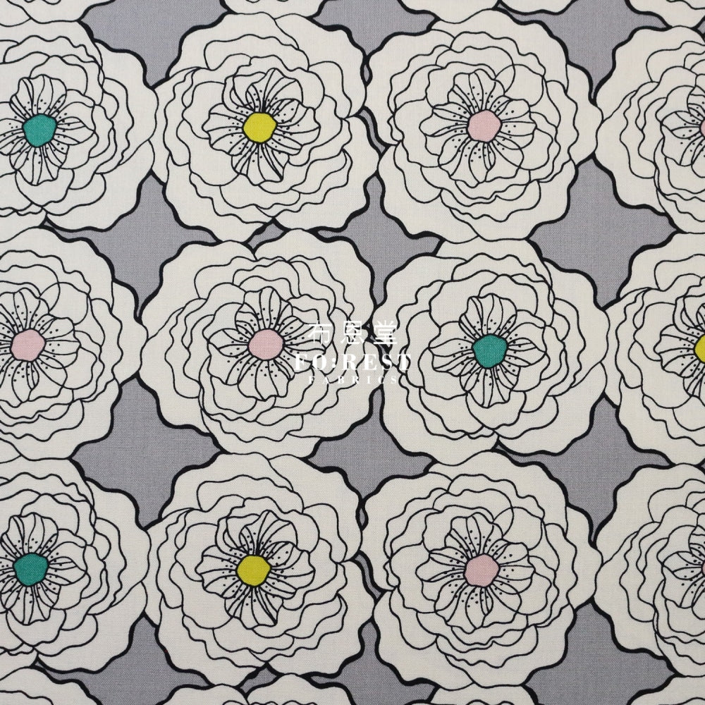 Canvas - Peony Flower Fabric Gray Cotton Linen Canvas