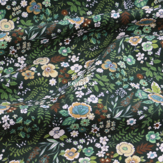 Corduroy - Flower Fabric Green 100%Brushed Cotton
