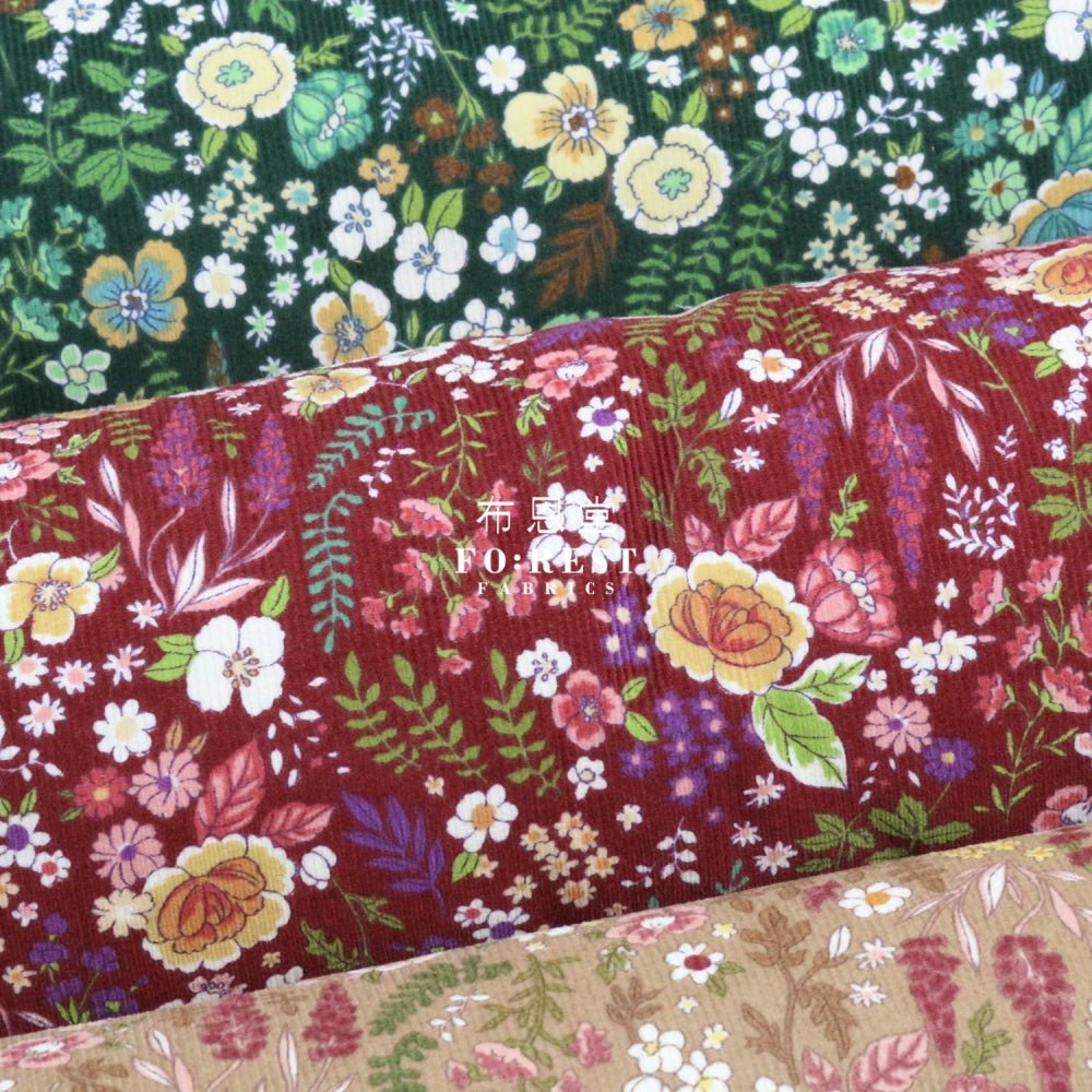 Corduroy - Flower fabric Green 燈芯絨 - FO:REST Fabric 布恩堂Liberty fabrictana lawnjapanese fabricykk zipper