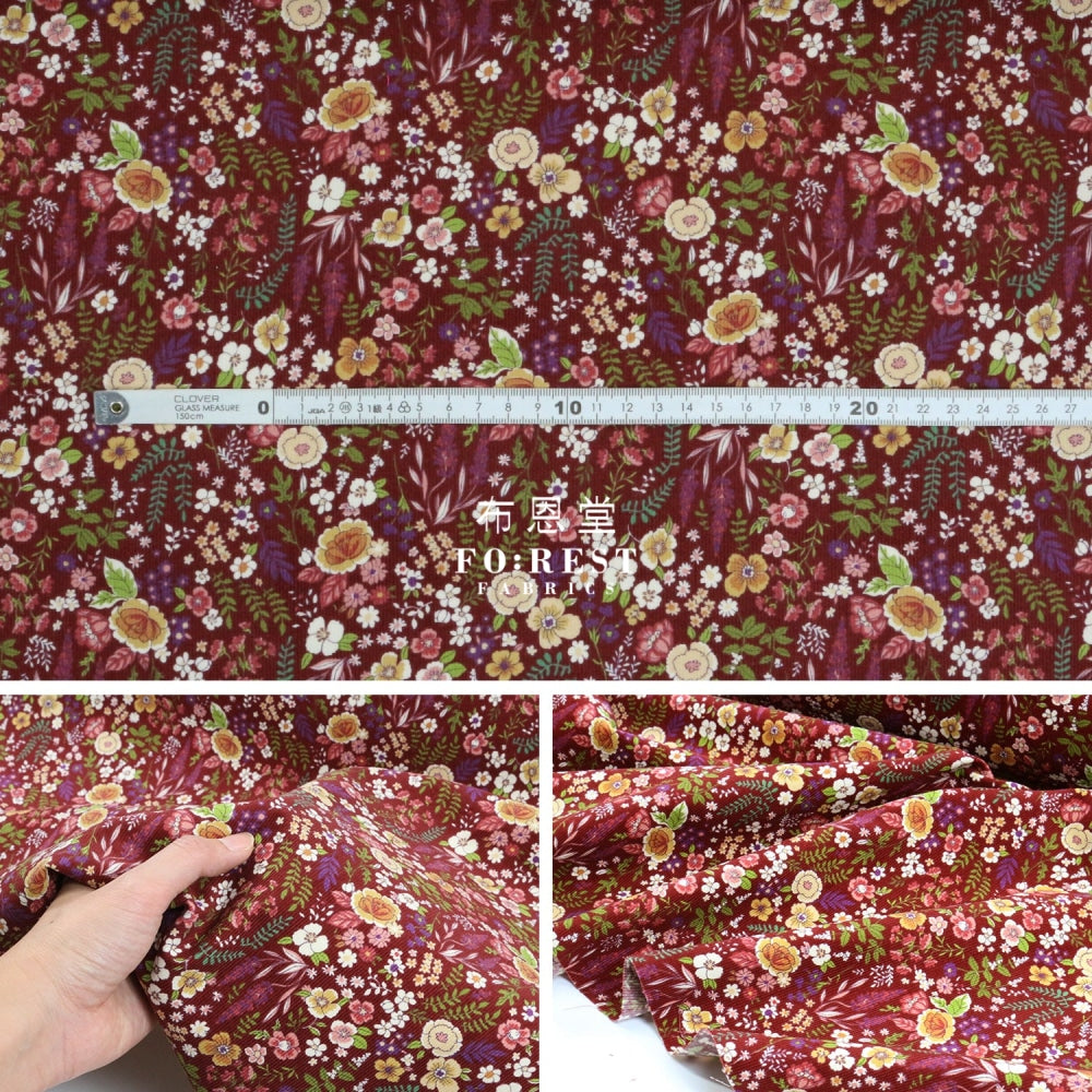 Corduroy - Flower Fabric Wine 100%Brushed Cotton