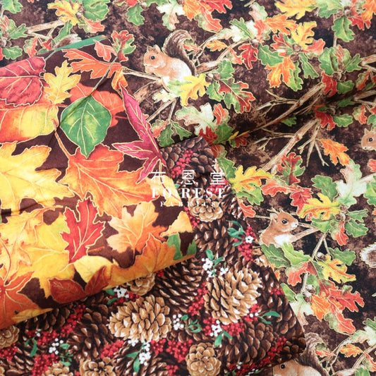 Cotton - Autumn Woodland Friends Metallic Fabric Red