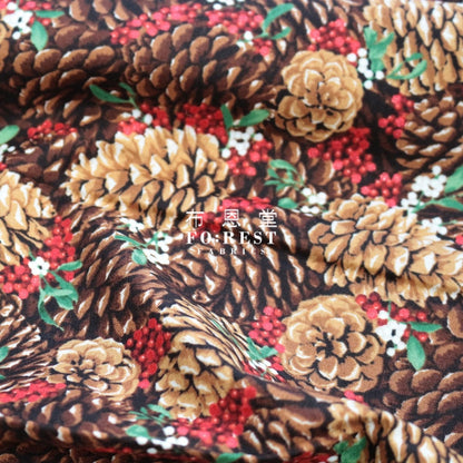 Cotton - Autumn Woodland Friends Metallic Fabric Red B Pine Cones