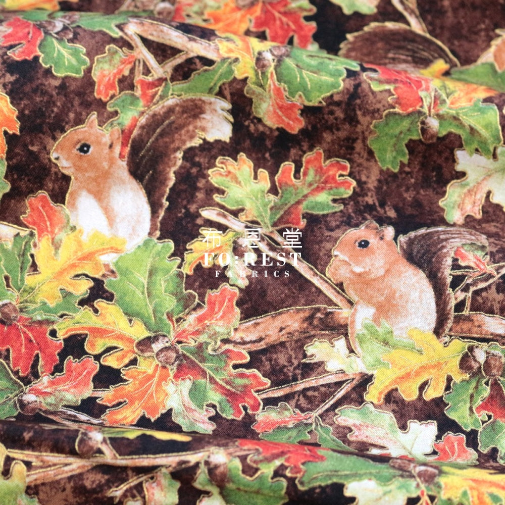 Cotton - Autumn Woodland Friends Metallic Fabric Red Squirrel