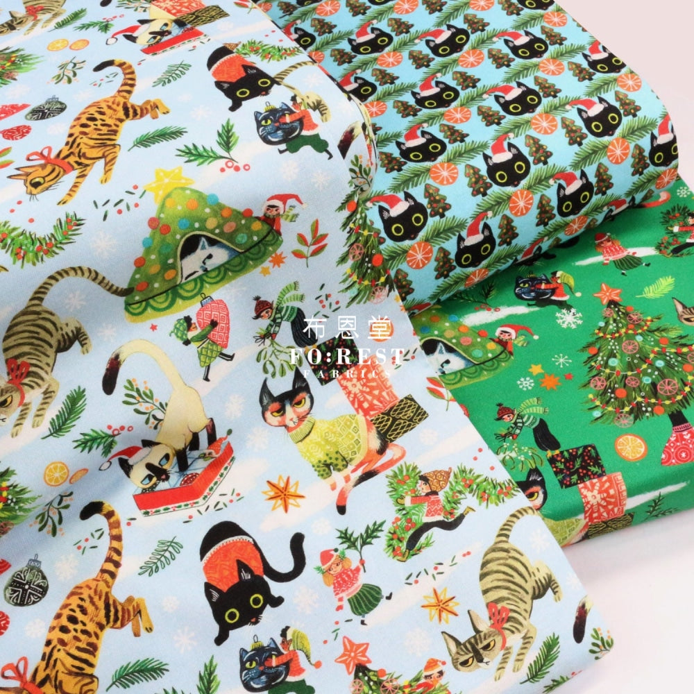 Cotton - Christmas Playing Cats Fabric Lt.blue