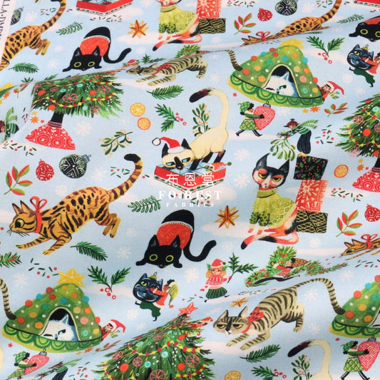 Cotton - Christmas Playing Cats Fabric Lt.blue