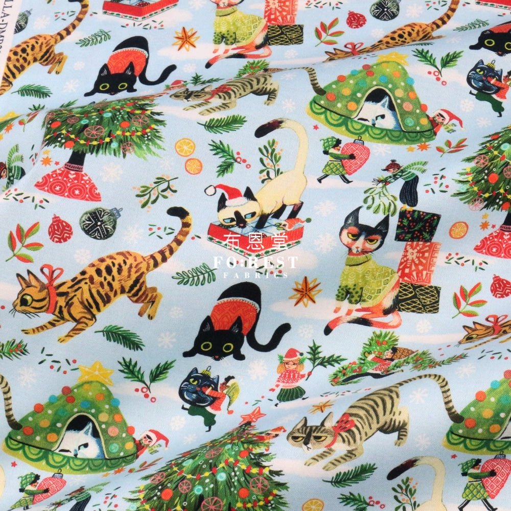 cotton - Christmas Playing Cats fabric LT.BLUE - FO:REST Fabric 布恩堂Liberty fabrictana lawnjapanese fabricykk zipper