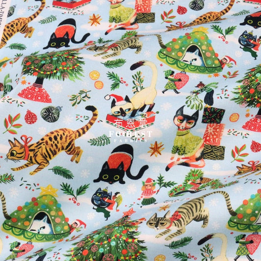 cotton - Christmas Playing Cats fabric LT.BLUE - FO:REST Fabric 布恩堂Liberty fabrictana lawnjapanese fabricykk zipper