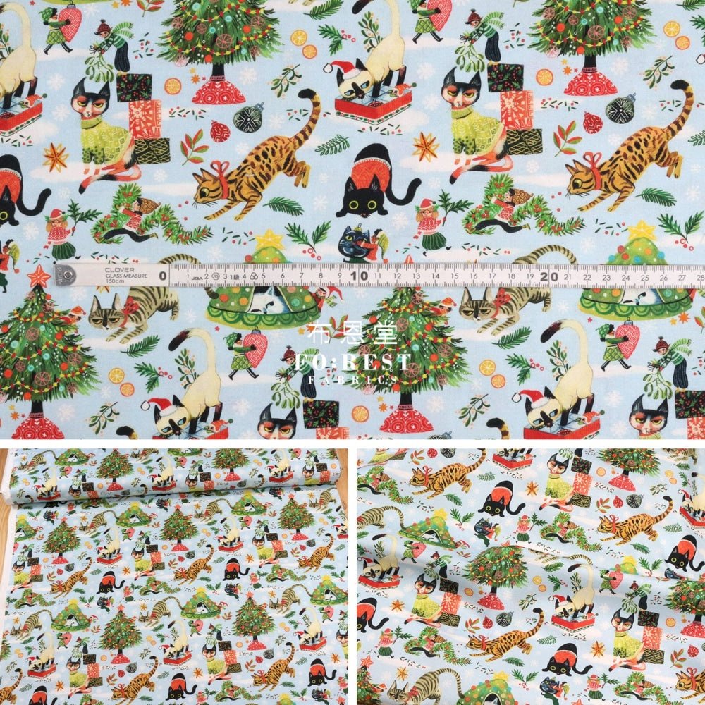 cotton - Christmas Playing Cats fabric LT.BLUE - FO:REST Fabric 布恩堂Liberty fabrictana lawnjapanese fabricykk zipper
