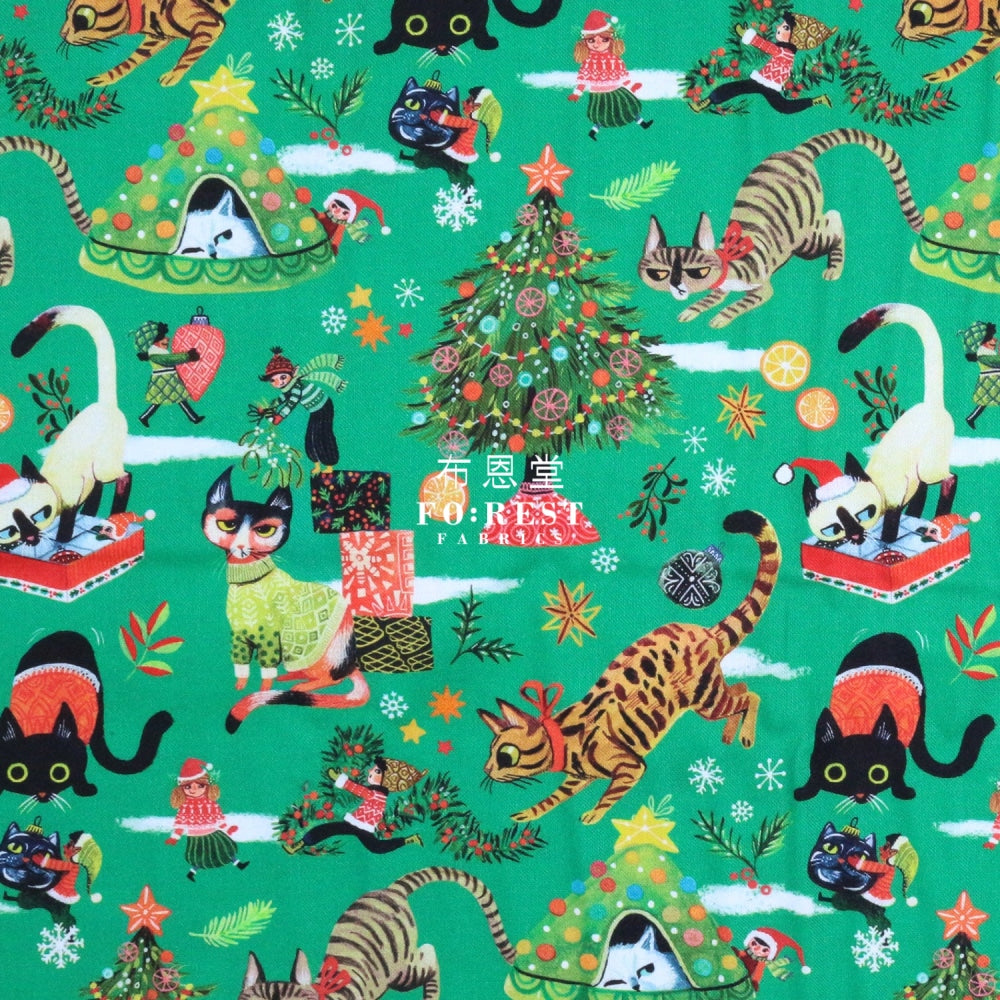 Cotton - Christmas Playing Cats Fabric Pine