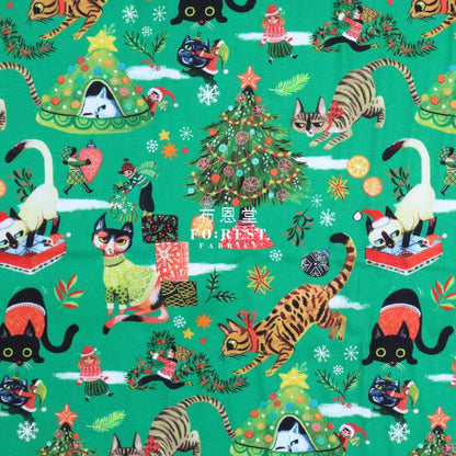 Cotton - Christmas Playing Cats Fabric Pine