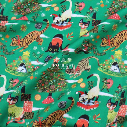 cotton - Christmas Playing Cats fabric PINE - FO:REST Fabric 布恩堂Liberty fabrictana lawnjapanese fabricykk zipper