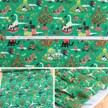 cotton - Christmas Playing Cats fabric PINE - FO:REST Fabric 布恩堂Liberty fabrictana lawnjapanese fabricykk zipper