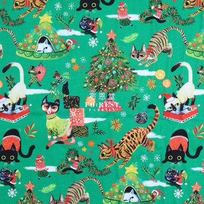 cotton - Christmas Playing Cats fabric PINE - FO:REST Fabric 布恩堂Liberty fabrictana lawnjapanese fabricykk zipper