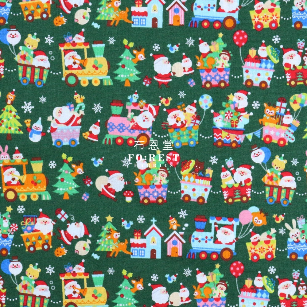 Cotton - Christmas Santa Train Fabric Green Cotton