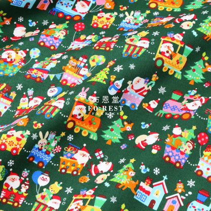 Cotton - Christmas Santa Train Fabric Green Cotton