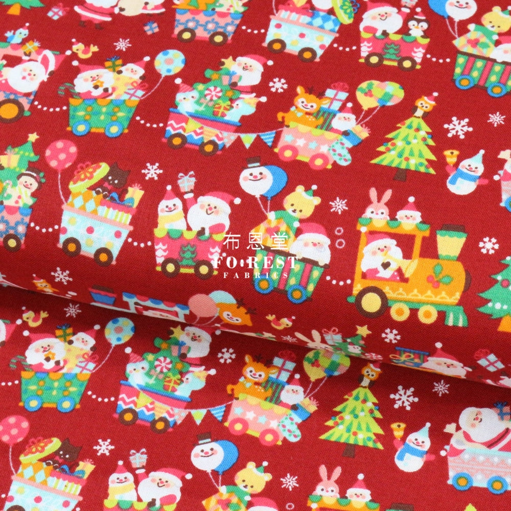 Cotton - Christmas Santa Train Fabric Red Cotton