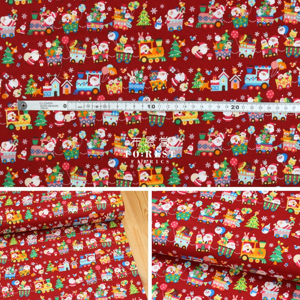 Cotton - Christmas Santa Train Fabric Red Cotton
