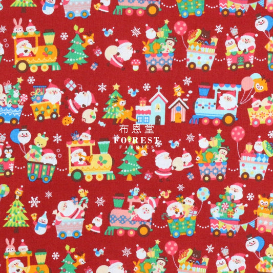 Cotton - Christmas Santa Train Fabric Red Cotton