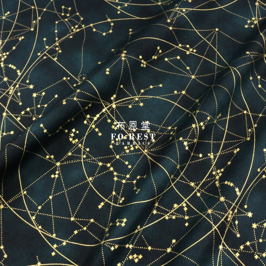 Cotton - Constellations In Dark Emerald Metallic Fabric