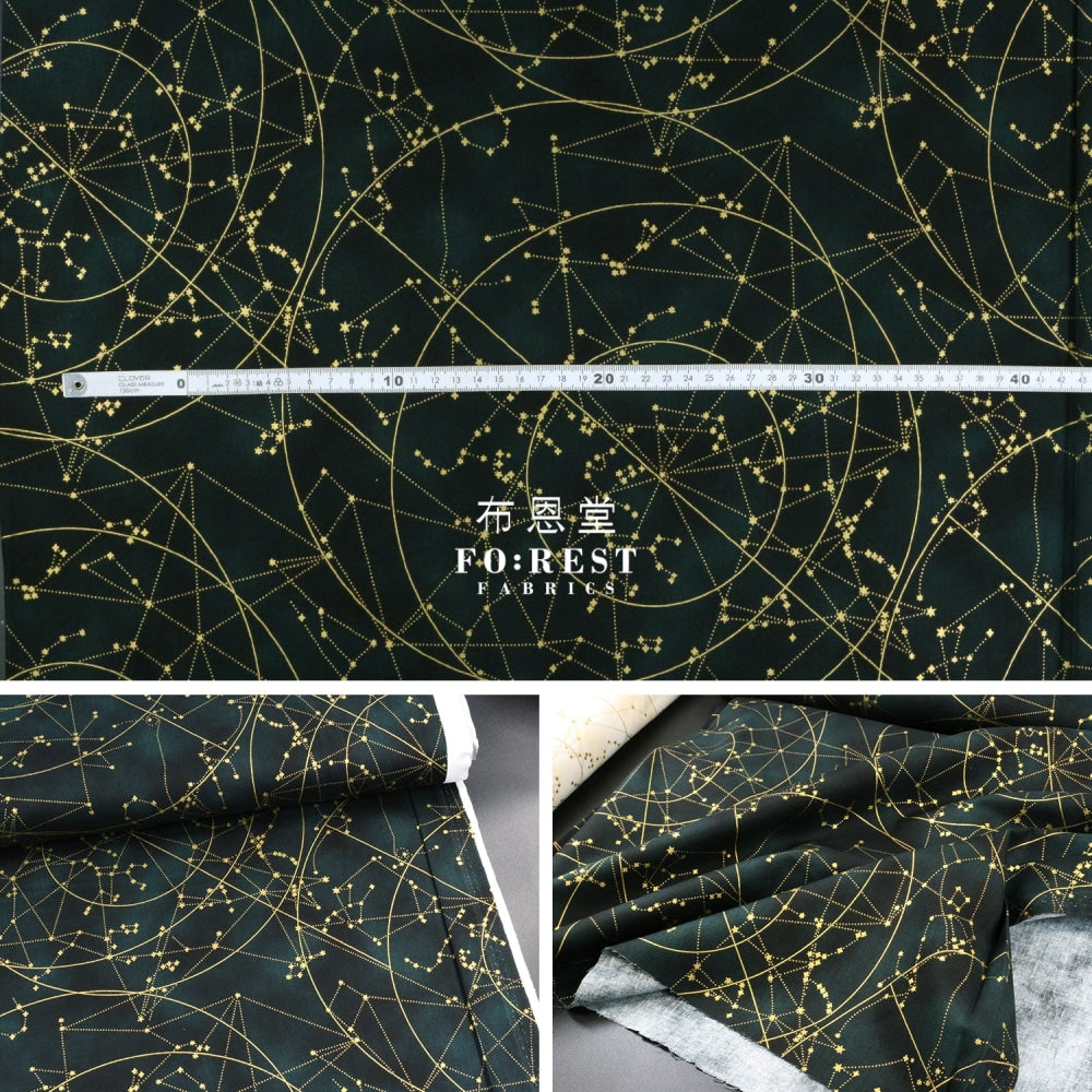 Cotton - Constellations In Dark Emerald Metallic Fabric