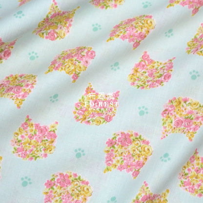 Cotton - Flower Cats Head Fabric Blue Cotton