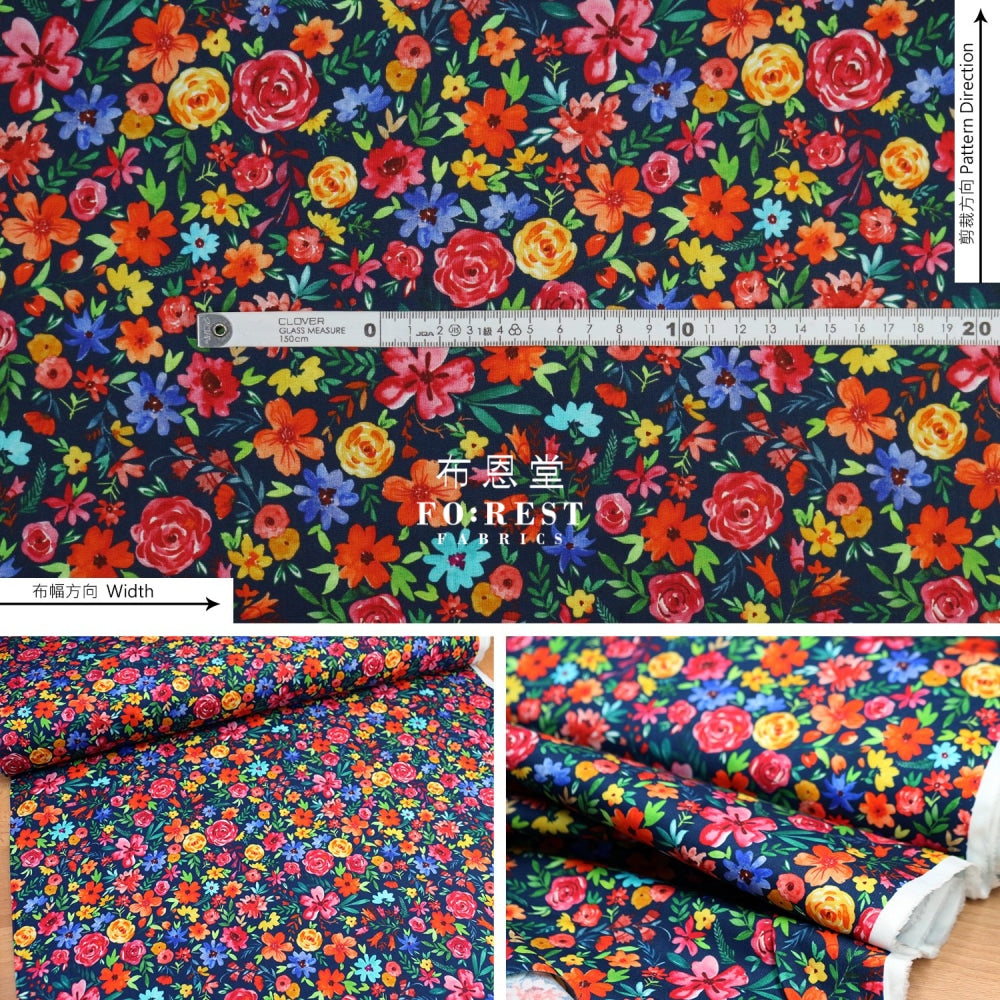 Cotton - Flower Joy Little Forest Fabric Navy