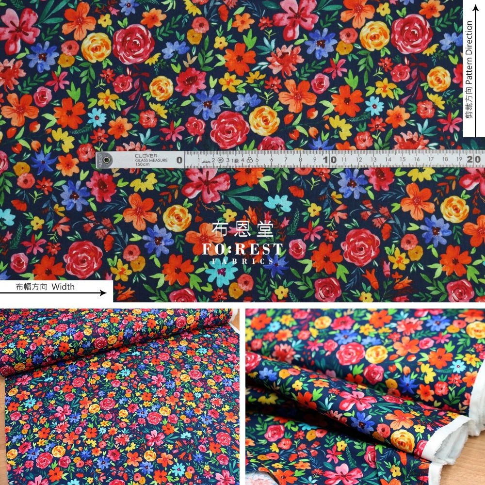 cotton - Flower Joy Little Forest fabric Navy - FO:REST Fabric 布恩堂Liberty fabrictana lawnjapanese fabricykk zipper
