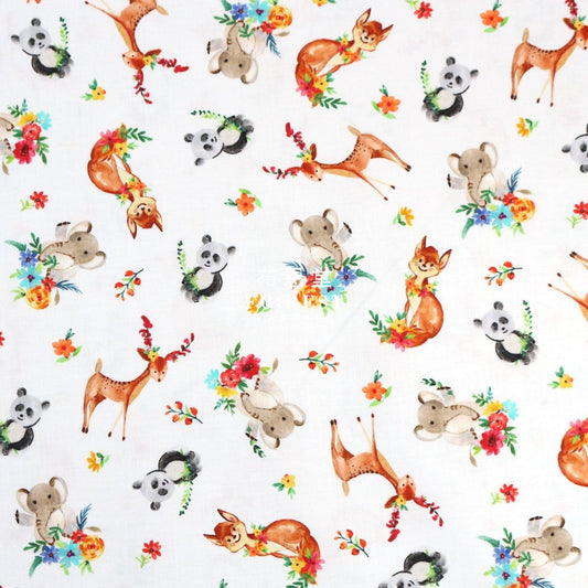 Cotton - Forest Little Animals Cute And Fun Fabric White