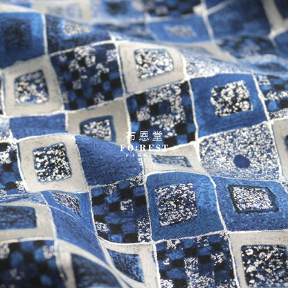 Cotton - Gustav Klimt Cobalt Squares Metallic Fabric Blue