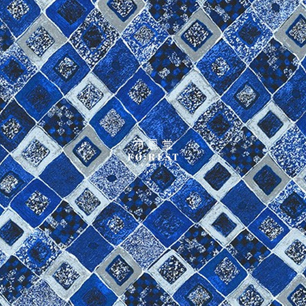 Cotton - Gustav Klimt Cobalt Squares Metallic Fabric Blue