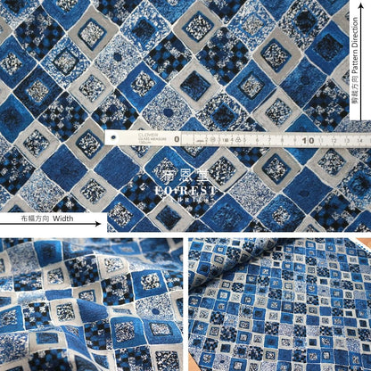 Cotton - Gustav Klimt Cobalt Squares Metallic Fabric Blue