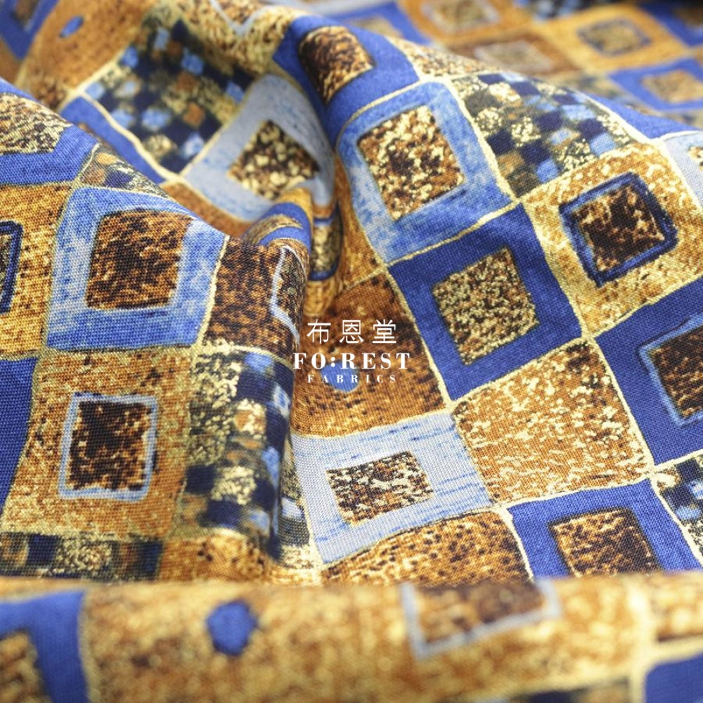 Cotton - Gustav Klimt Cobalt Squares Metallic Fabric Gold