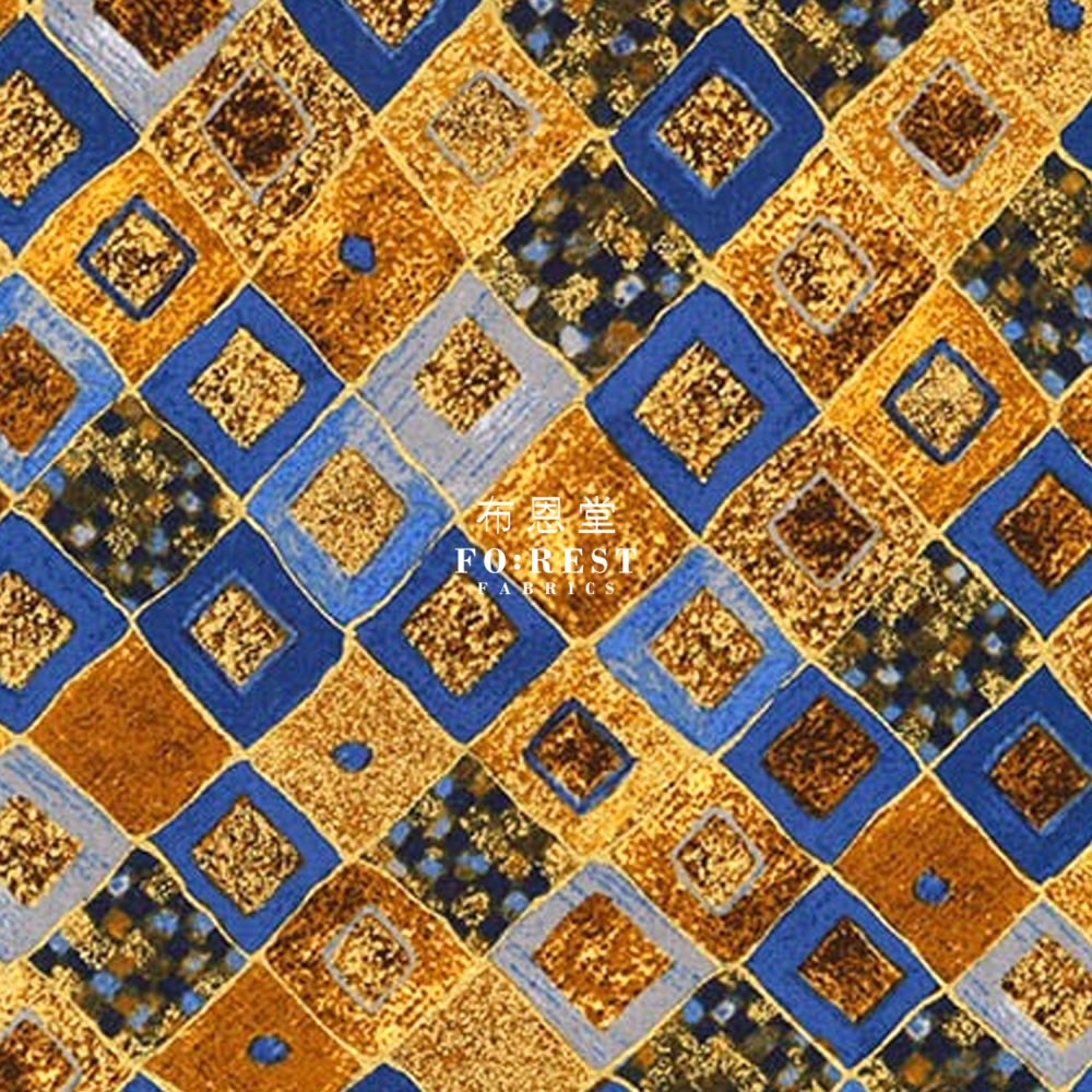 Cotton - Gustav Klimt Cobalt Squares Metallic Fabric Gold