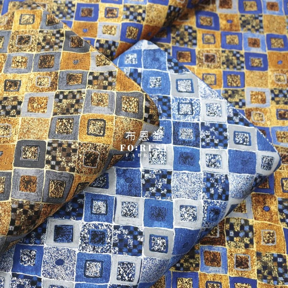 cotton - Gustav Klimt Cobalt Squares Metallic fabric Gold - FO:REST Fabric 布恩堂Liberty fabrictana lawnjapanese fabricykk zipper