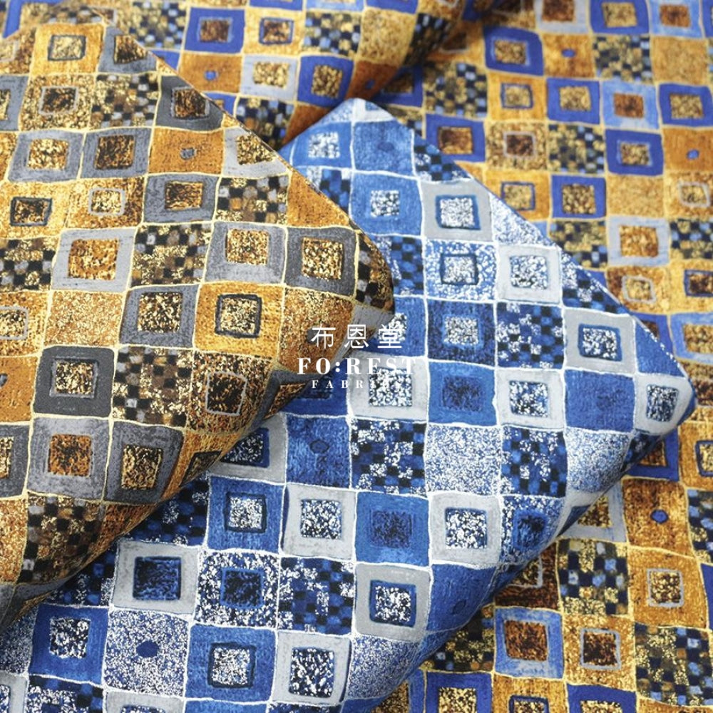 Cotton - Gustav Klimt Cobalt Squares Metallic Fabric Gray