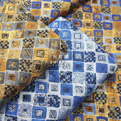 Cotton - Gustav Klimt Cobalt Squares Metallic Fabric Gray